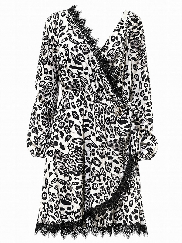 【新品DRESS 152】ヒョウ柄レース切替サイドウエストバックルフレアミニドレス ホワイトブラック【MANGANO】